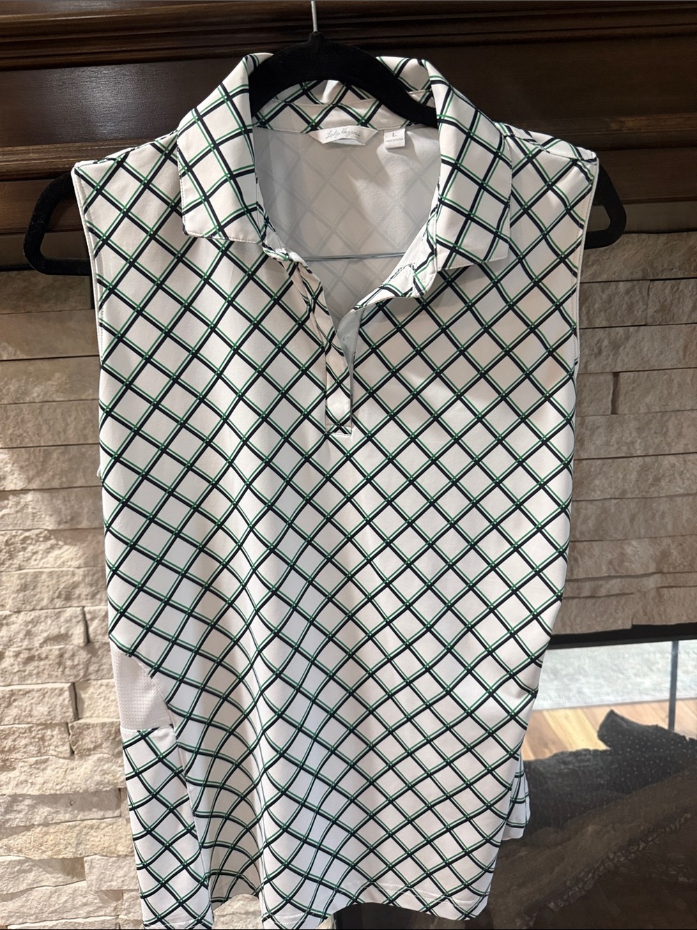 Lady Hagen White Sleeveless Polo with Green and Black Diamond Grid